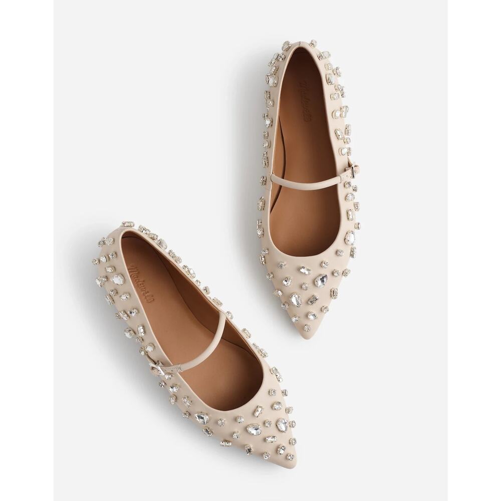 Madewell The Elsie Mary Jane Flat Ecru Crystal Point Toe Leather Cream Strap 7.5